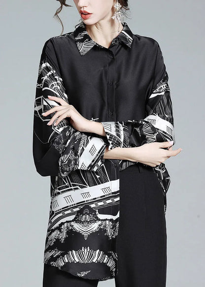 Black Peter Pan Collar Print Button Silk Shirt Long Sleeve