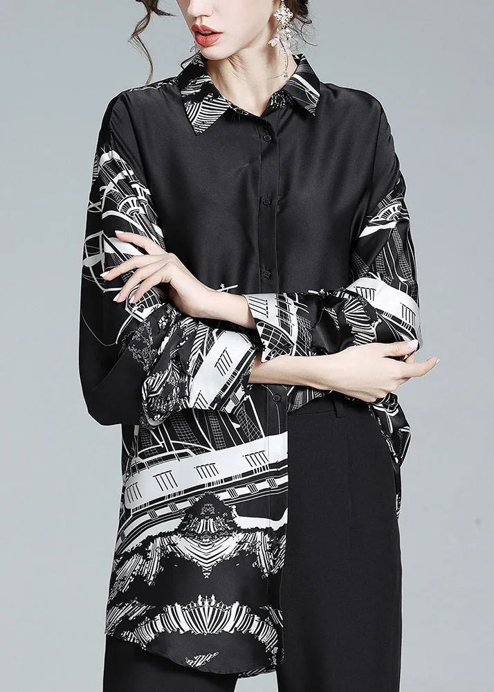 Black Peter Pan Collar Print Button Silk Shirt Long Sleeve