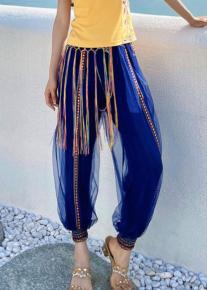Navy Print Embroideried Elastic Tulle Beam Pants Summer
