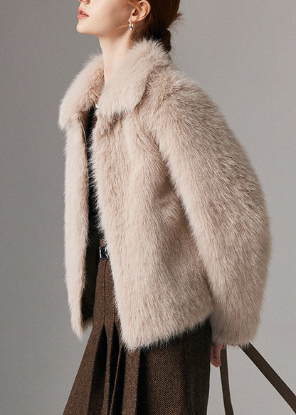 Beige Zippered Pockets Leather and Fur Winter Coat Peter Pan Collar