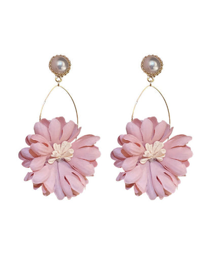 Pink Alloy Pearl Cloth Chrysanthemum Drop Earrings