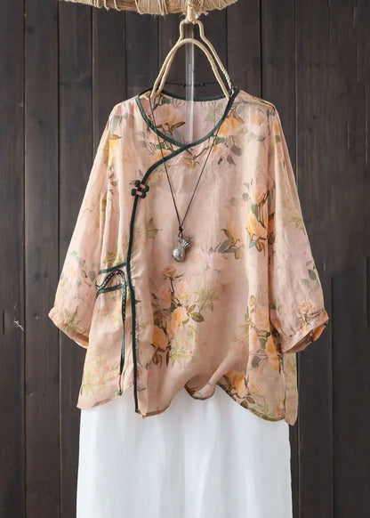 Khaki V Neck Print Button Patchwork Linen Shirts Summer