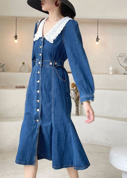 Dark Blue Slim Fit Button Denim Dress Spring