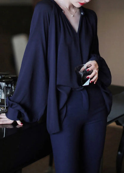 Navy Chiffon Shirt O Neck Lantern Sleeve