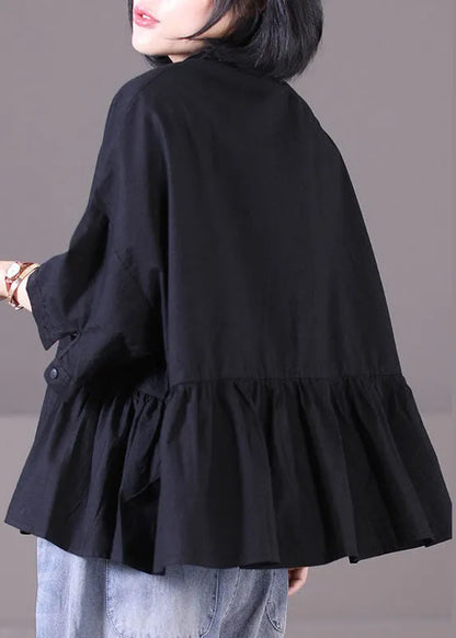 Khaki Peter Pan Collar Asymmetrical Design Patchwork Wrinkled Cotton Shirt Tops Short Sleeve