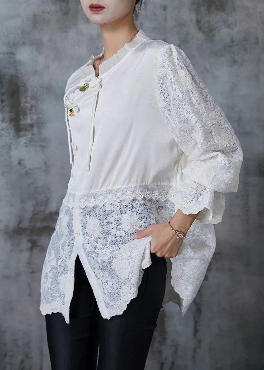 White Chinese Button Patchwork Lace Shirts Summer