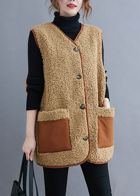 Style Khaki V Neck Button Teddy Faux Fur Waistcoat Fall
