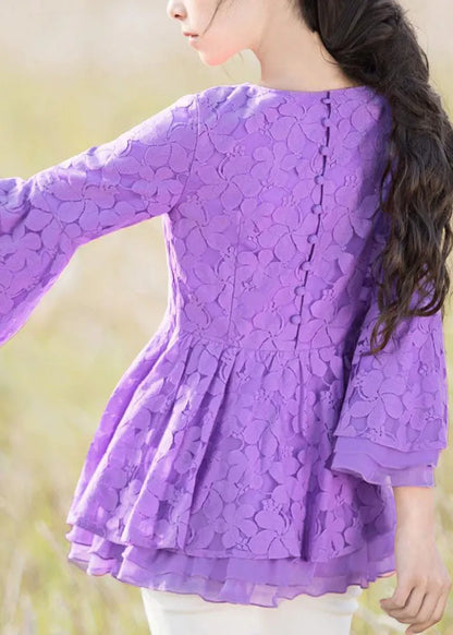 Purple O Neck Lace Ruffled Top Bracelet Sleeve