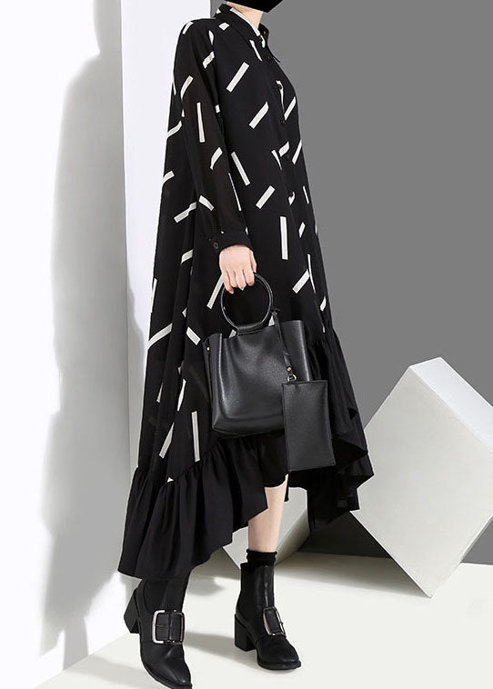 Organic Black Low High Design Peter Pan Collar Ruffles Print Shirt Dresses Spring