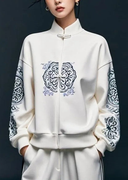 White Print Cotton Pullover Sweatshirt Stand Collar Fall