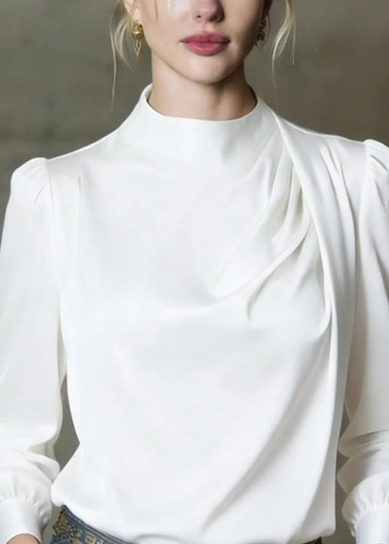 White O Neck Wrinkled Silk Shirts Spring