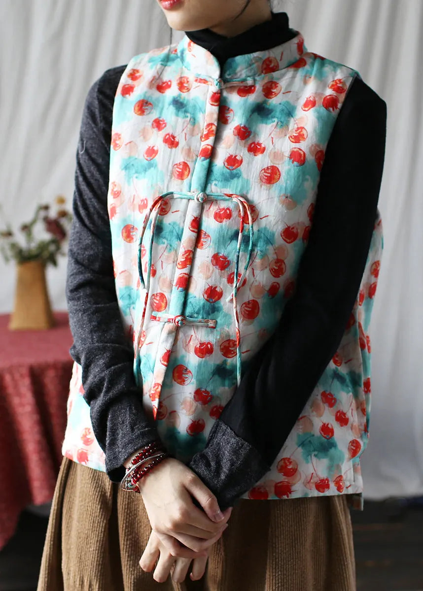 Stand Collar Tasseled Print Fine Cotton Filled Vest Sleeveless