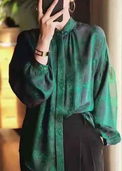Green Stand Collar Button Jacquard Silk Blouse Tops Long Sleeve