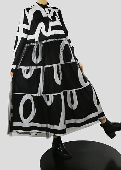 French Black Stand Collar Print Tulle Patchwork Vacation Dresses Spring