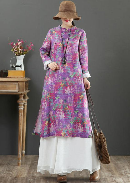 Stand Collar Chinese Button Spring Outfit Catwalk Purple Print Maxi Dresses