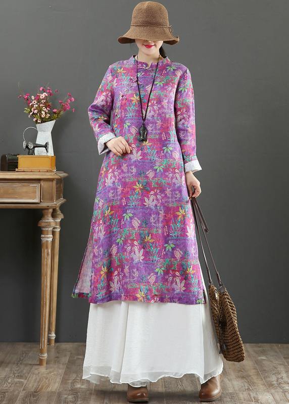Stand Collar Chinese Button Spring Outfit Catwalk Purple Print Maxi Dresses