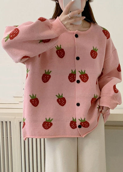 Pink Strawberry Cotton Knit Sweaters Coats Fall