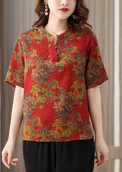 Red O-neck Print Silk Shirts Short Sleeve