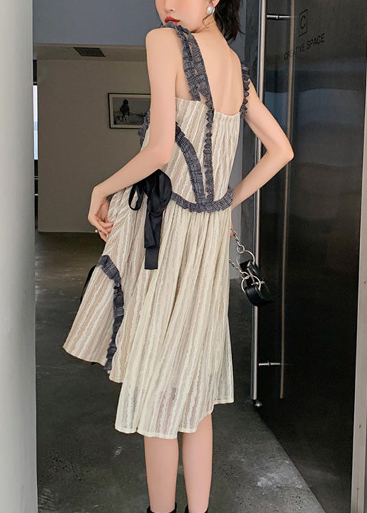Apricot Slash Neck Patchwork Wrinkled Silk Slip Dresses Summer