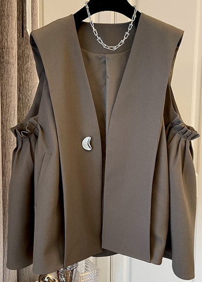 Classy Khaki Pleated Pockets Fall Sleeveless Waistcoat