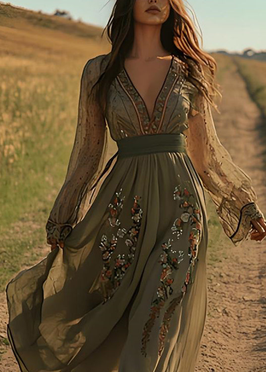 Green V Neck Print Cotton Maxi Dresses Spring