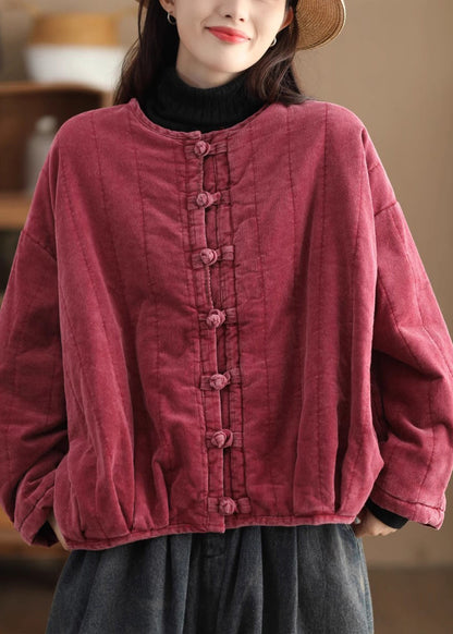 Red O Neck Chinese Button Corduroy Fine Cotton Filled Jacket Winter