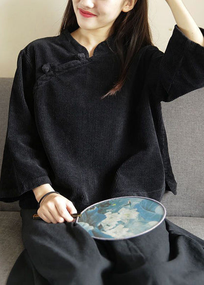 Red Stand Collar Button Corduroy Blouse Top Spring