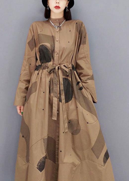 Comfy Brown Pockets Tie Waist Fall Long Sleeve Dresses