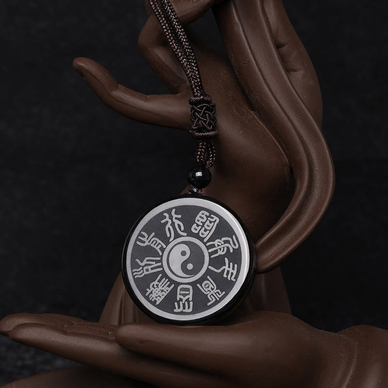 Buddha Stones Black Obsidian Taoism Five Sacred Mountains Nine-character Mantra Carved Purification Yin Yang Necklace Pendant