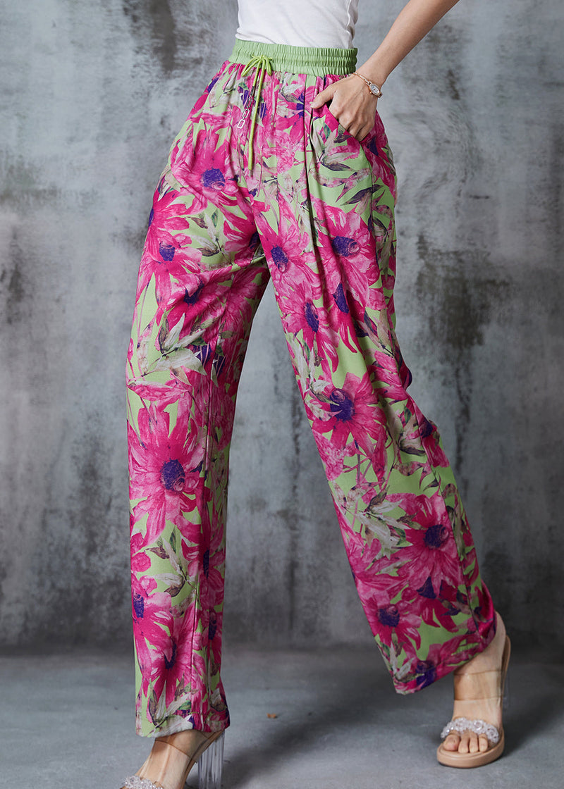 Rose Elastic Waist Leaf Print Chiffon Pants Summer