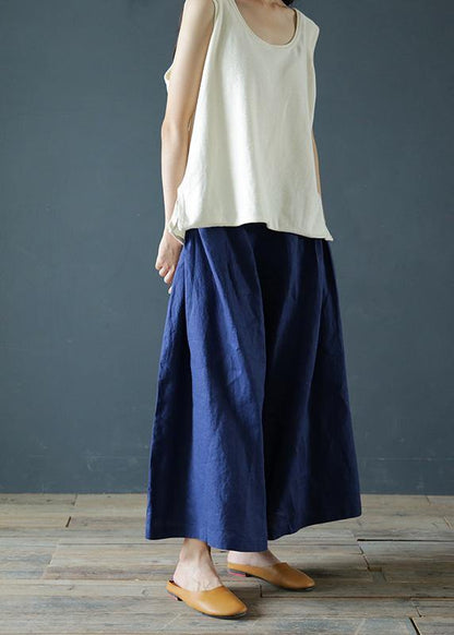 Literary Linen Navy Blue Cropped Trousers and Pants National Style