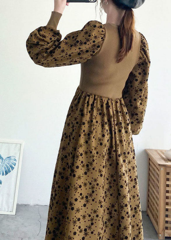 Style Khaki Knit Patchwork Drawstring Print Fall Maxi Dresses Long Sleeve