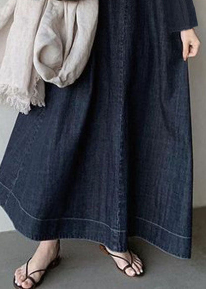 Navy V Neck Patchwork Loose Waist Cotton Dress Spring