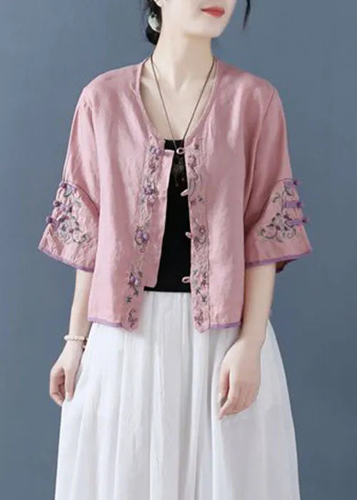 Pink Embroideried Button Shirts Half Sleeve