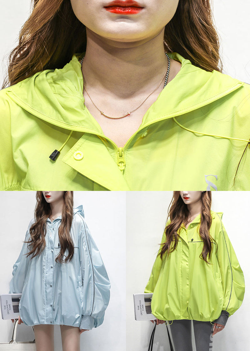 Loose Green Hooded Drawstring Patchwork Cotton Coat Summer