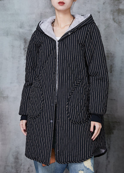 Black Hooded Striped Warm Fleece Coat Winter