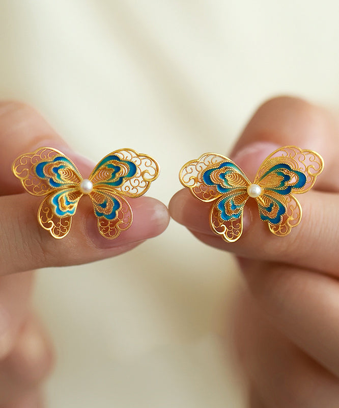 Gold Sterling Silver Overgild Butterfly Pearl Hollow Out Stud Earrings