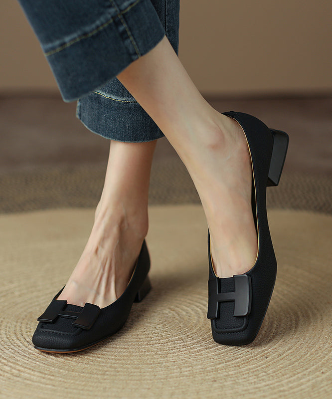 Black Comfy Cowhide Leather Splicing Flat Shoes