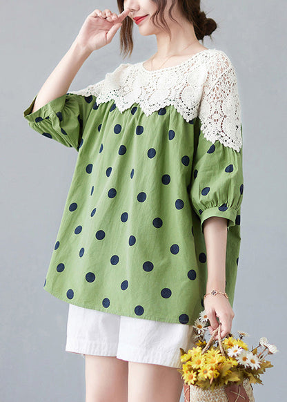 Green O-neck Dot Lace Patchwork Top Summer