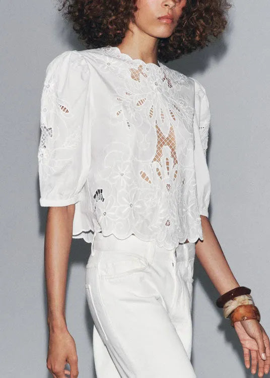 French White Puff Sleeve Hollow Out Embroidered Cotton Top