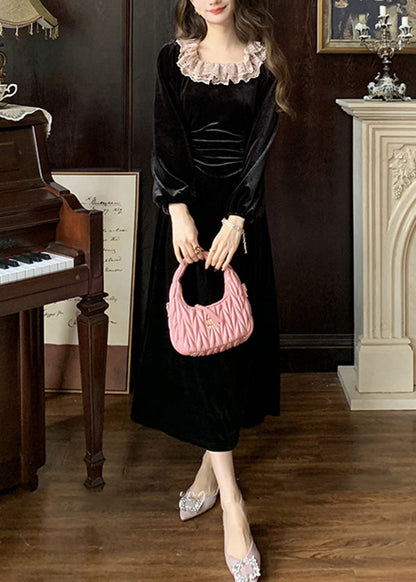 French Black Square Collar Lace Slim Fit Velour Dresses Spring