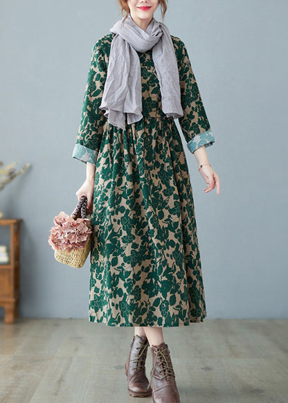 Green O-neck Print Linen Dress Spring