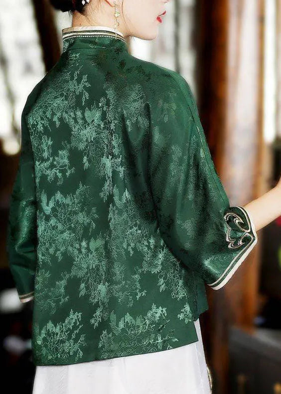 Oriental Green Stand Collar Button Silk Tops Three Quarter Sleeve