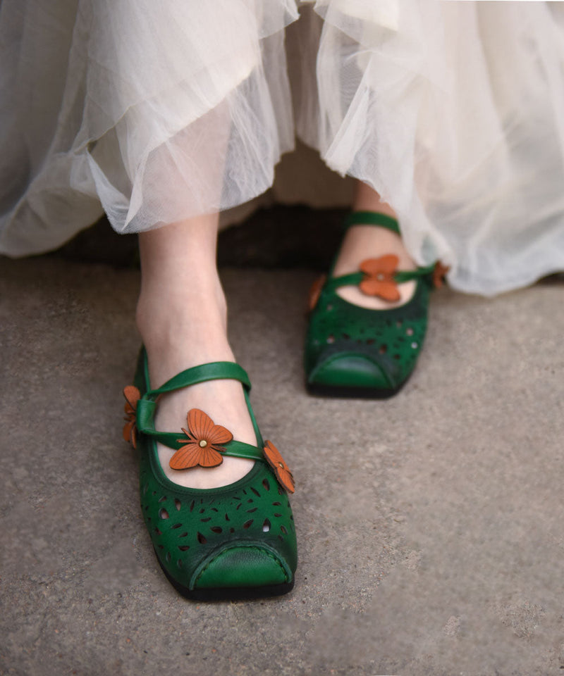 Green Flat Shoes for Cowhide Leather Soft Butterfly Splicing Hollow Out