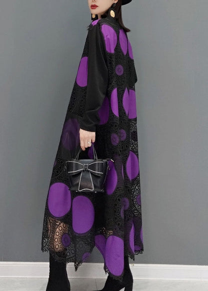 Purple Pockets Dot Print Patchwork Lace Maxi Dress Spring