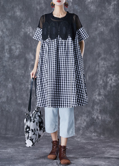Black Plaid Patchwork Hollow Out Linen Dress Summer