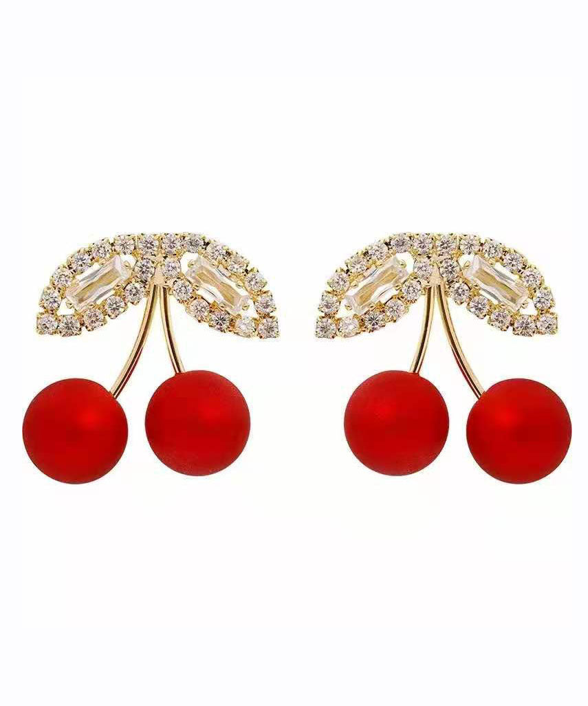 Red Alloy Zircon Cherry Stud Earrings