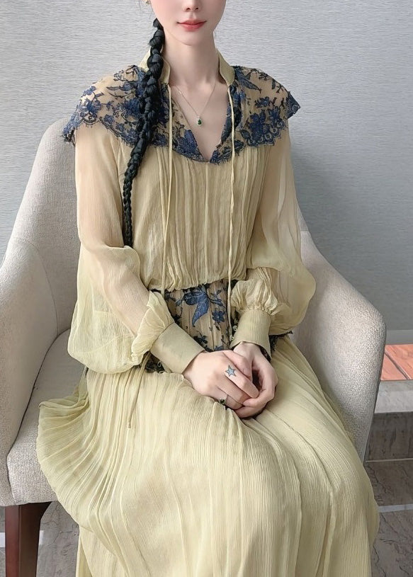Light Green Lace Patchwork Top and Maxi Skirts Two Piece Set Lantern Sleeve