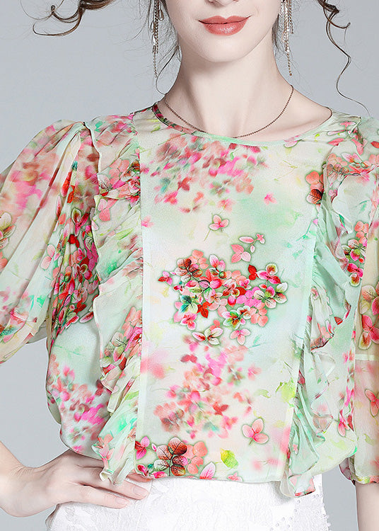 Light Green O-neck Ruffled Print Silk Shirts Half Sleeve