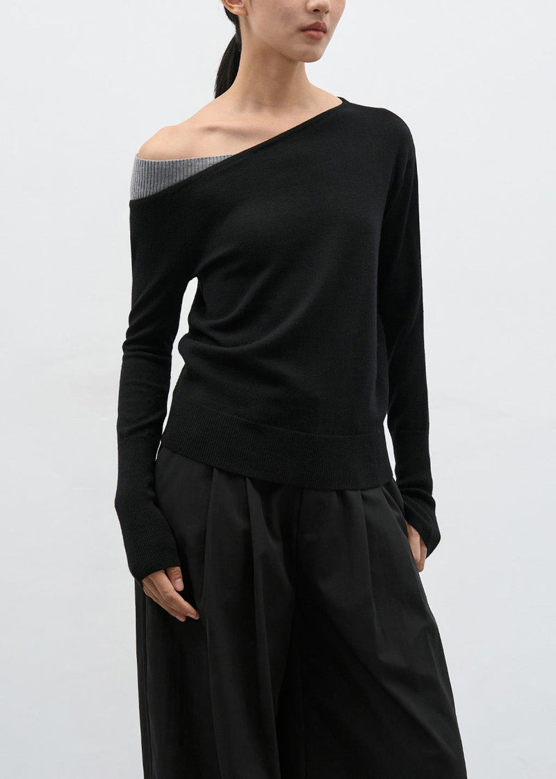 Black Cold Shoulder Patchwork Knit Sweaters Spring